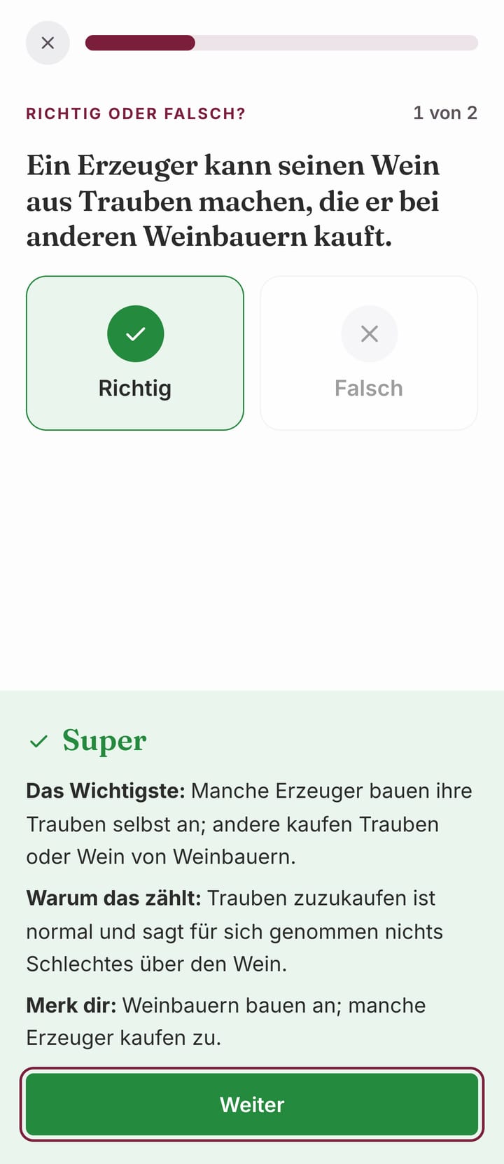 Eine Richtig-oder-falsch-Frage, richtig beantwortet, darunter eine kurze Erklärung
