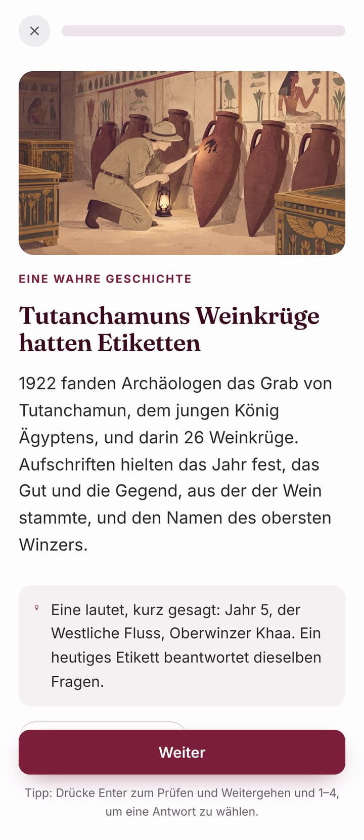 Eine Lektionskarte mit der Illustration eines Archäologen, der Tutanchamuns beschriftete Weinkrüge findet