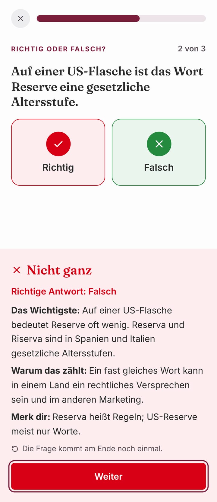 Eine Richtig-oder-falsch-Frage, falsch beantwortet, mit der richtigen Antwort und dem Hinweis, dass sie am Ende wiederkommt
