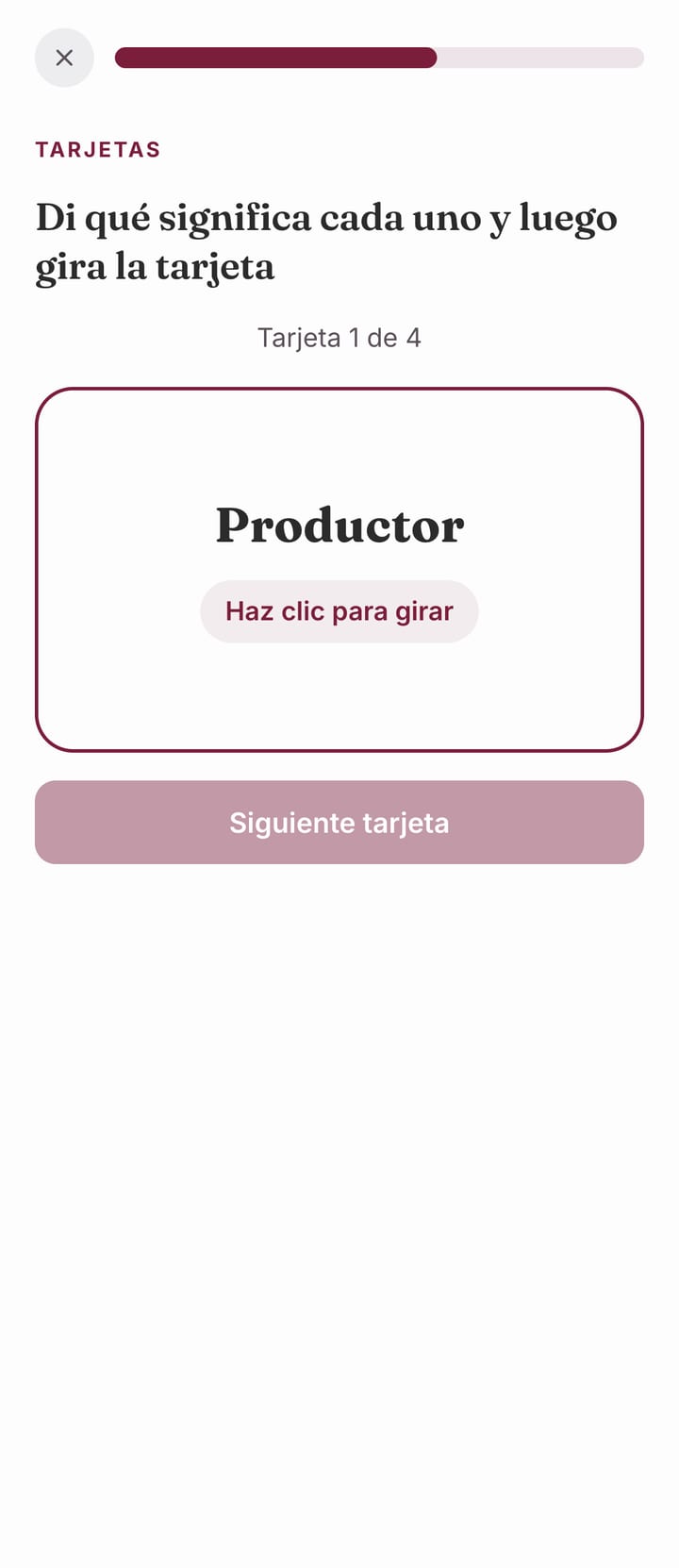 Una tarjeta con la palabra Productor, que se gira con un clic para ver qué significa