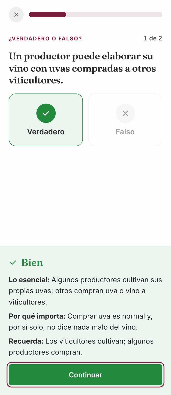 Una pregunta de verdadero o falso bien respondida, con lo esencial explicado debajo