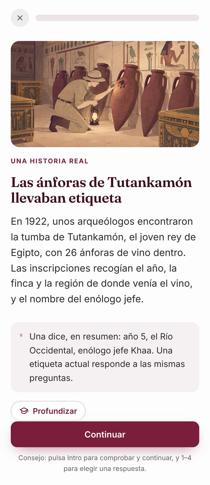 Una tarjeta de lección con la ilustración de un arqueólogo que encuentra las ánforas etiquetadas de Tutankamón