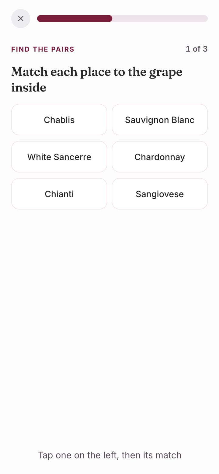 A matching exercise pairing Chablis, White Sancerre and Chianti with their grapes