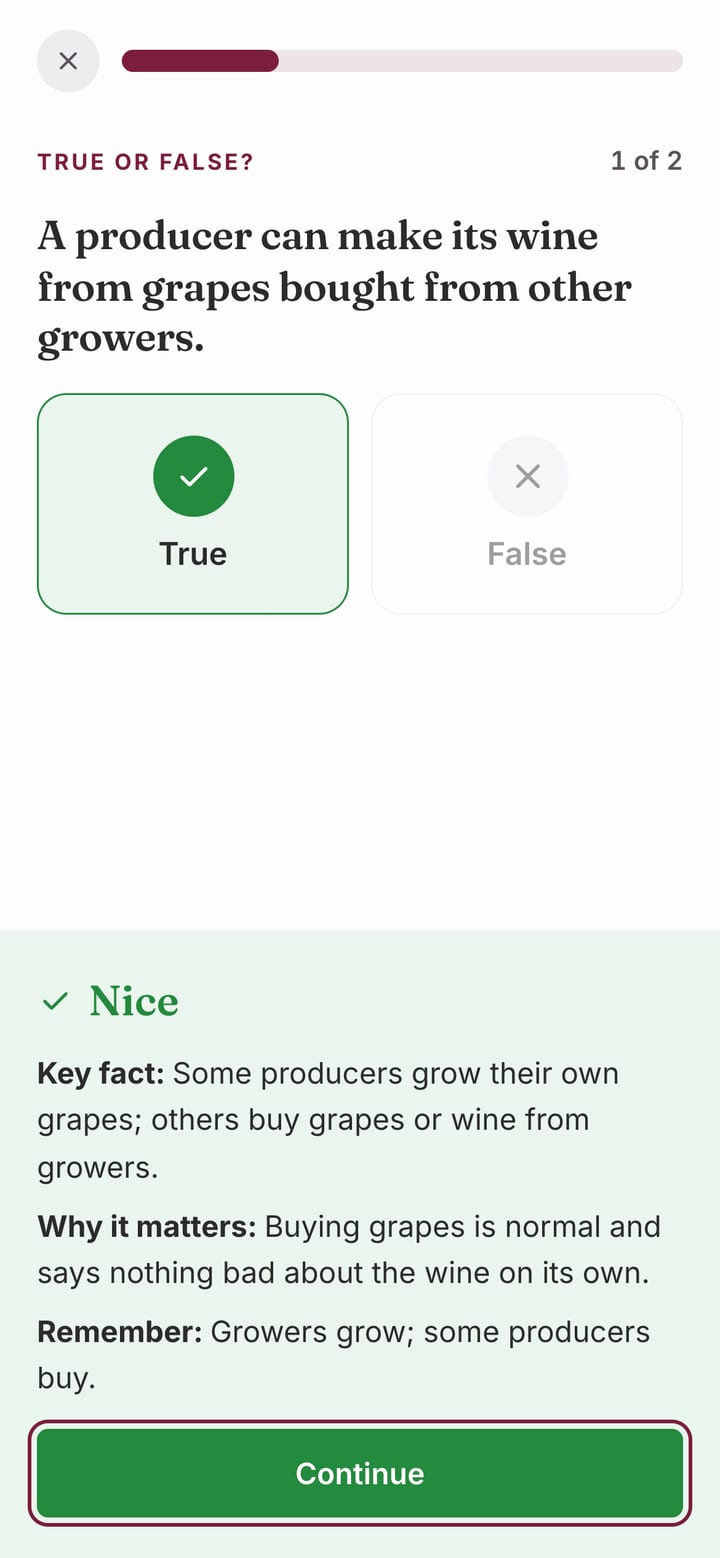 A true-or-false question answered correctly, with the key fact explained below