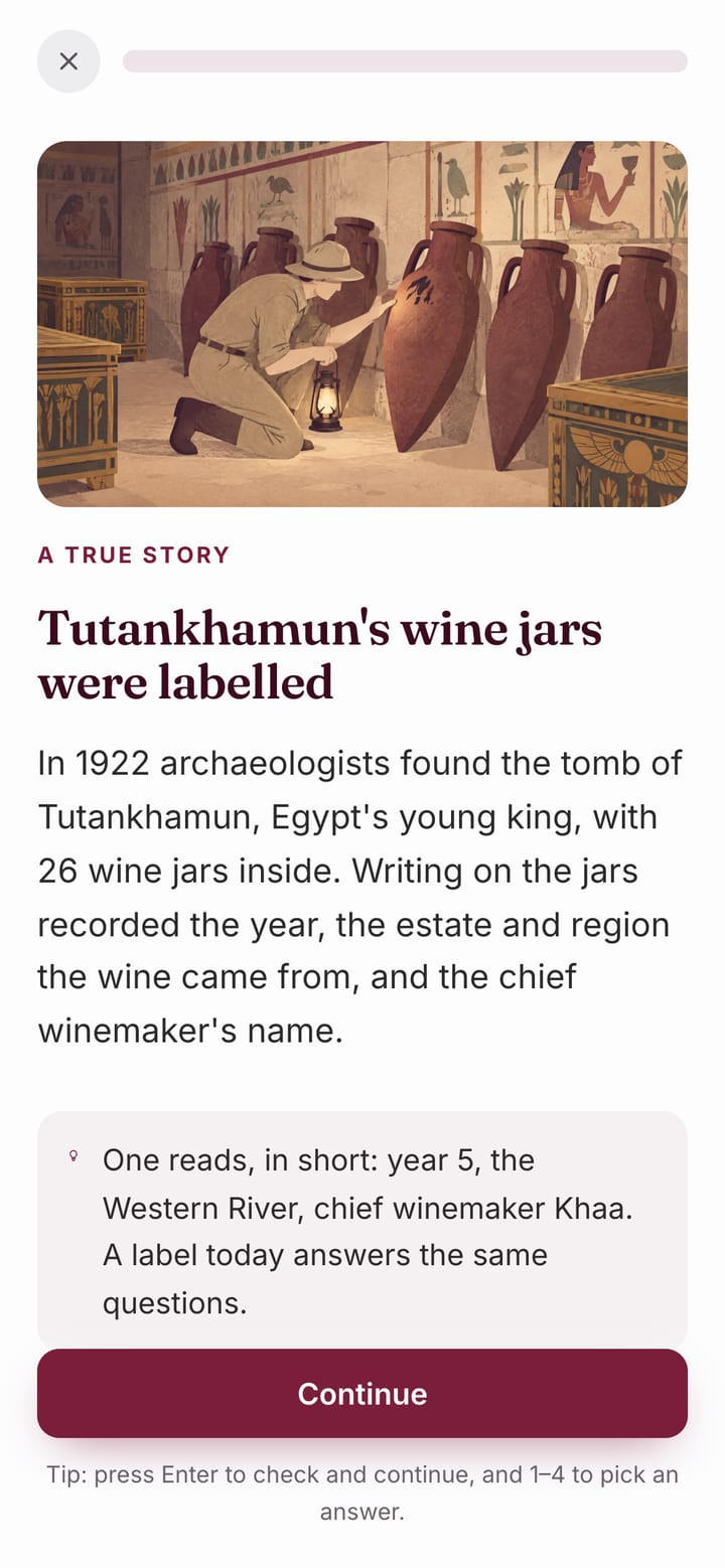 A lesson card with an illustration of an archaeologist finding labelled wine jars in Tutankhamun's tomb