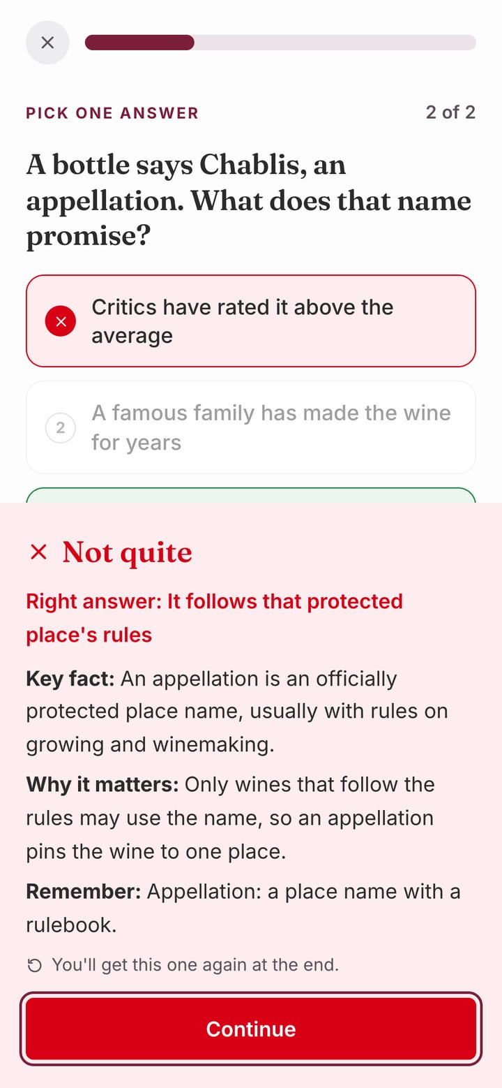 A multiple-choice question answered wrongly, showing the right answer and a note that it will come back
