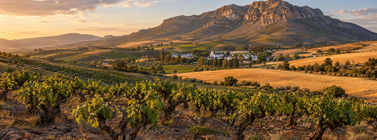 Old bush vines and golden wheat fields in the Swartland, with Riebeek-Kasteel and the Kasteelberg behind