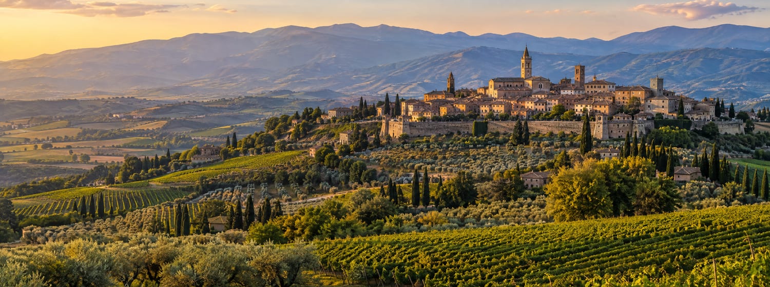 Vineyards and olive groves below the hilltop town of Montefalco in Umbria
