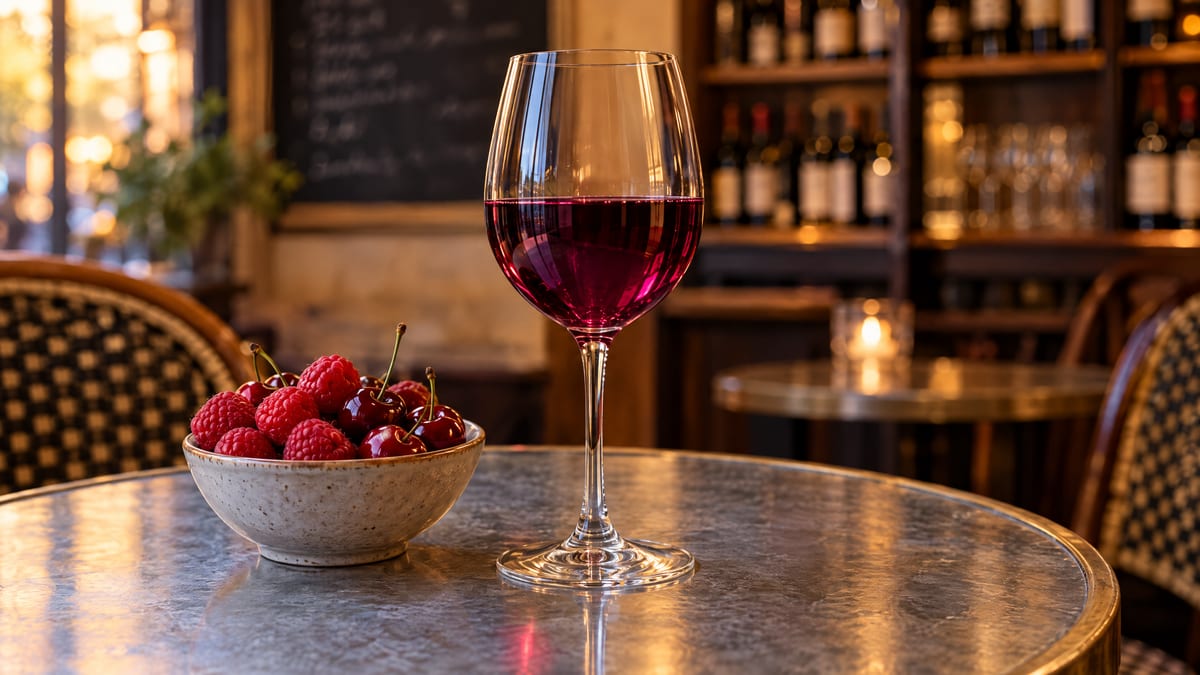 A glass of bright purple-ruby Beaujolais with raspberries and cherries on a bistro table