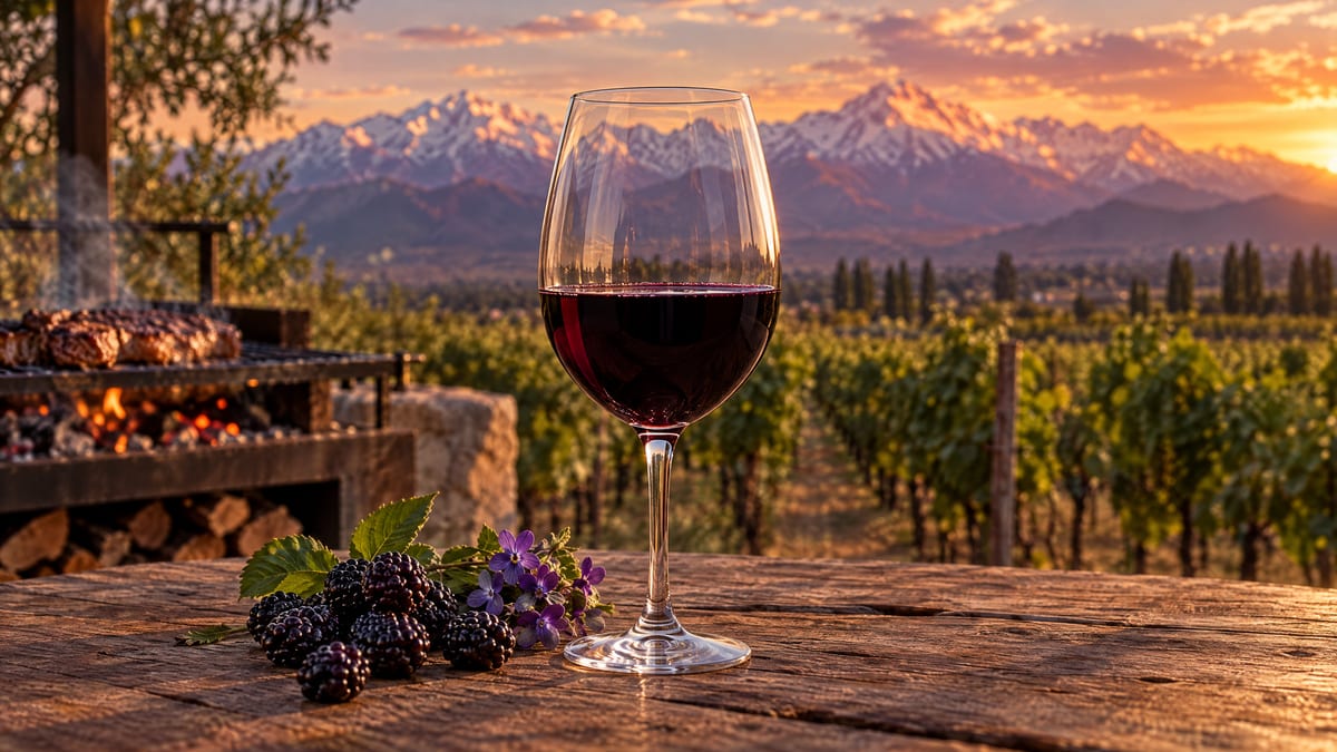 A glass of inky Malbec with blackberries and violets, a grill and the Andes at sunset behind
