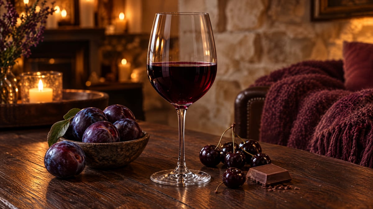 A glass of deep ruby Merlot with plums, cherries and chocolate in a candlelit room