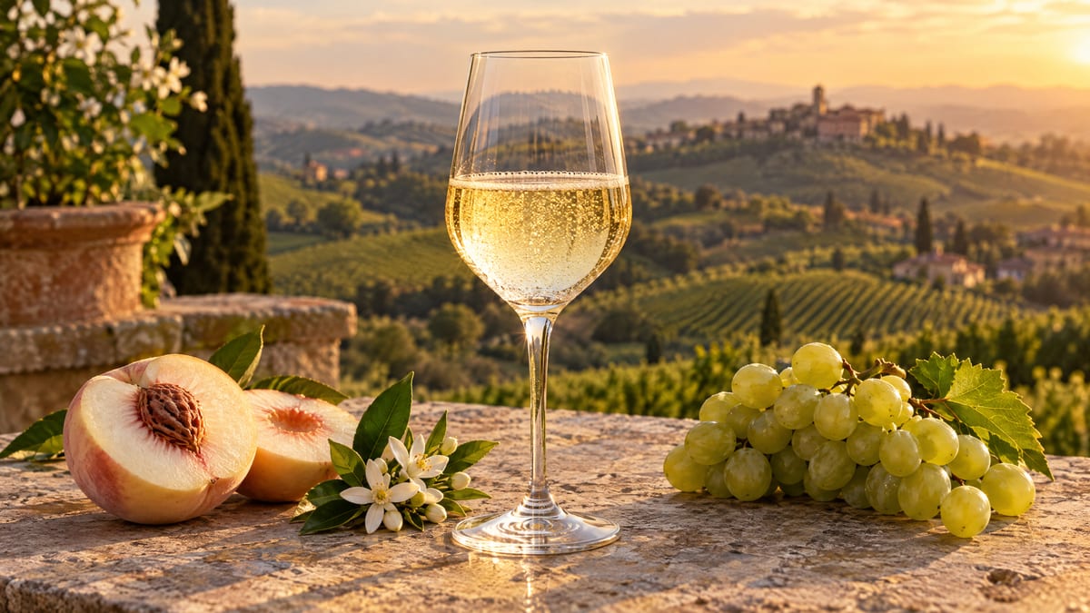 A glass of gently sparkling Moscato d’Asti with peaches, orange blossom and green grapes above Piedmont’s vineyard hills