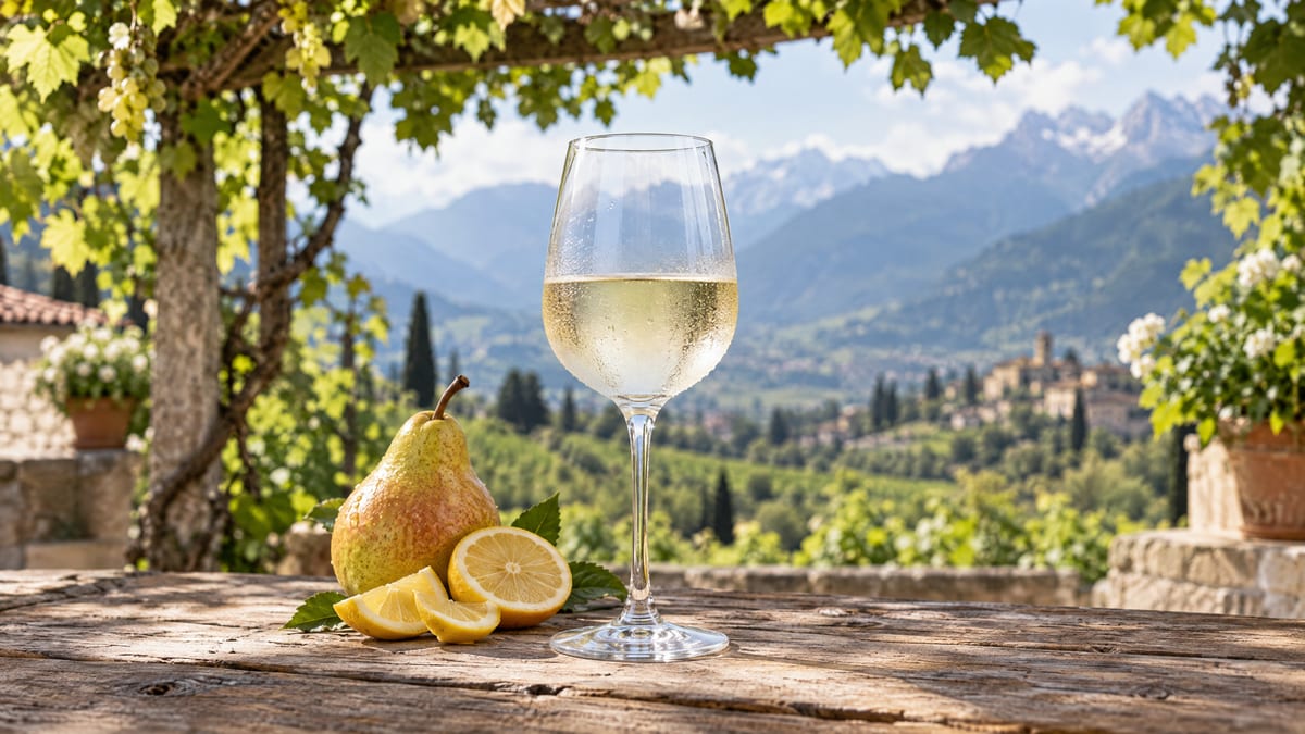 A glass of pale Pinot Grigio with a pear and lemon under a vine pergola, mountains behind