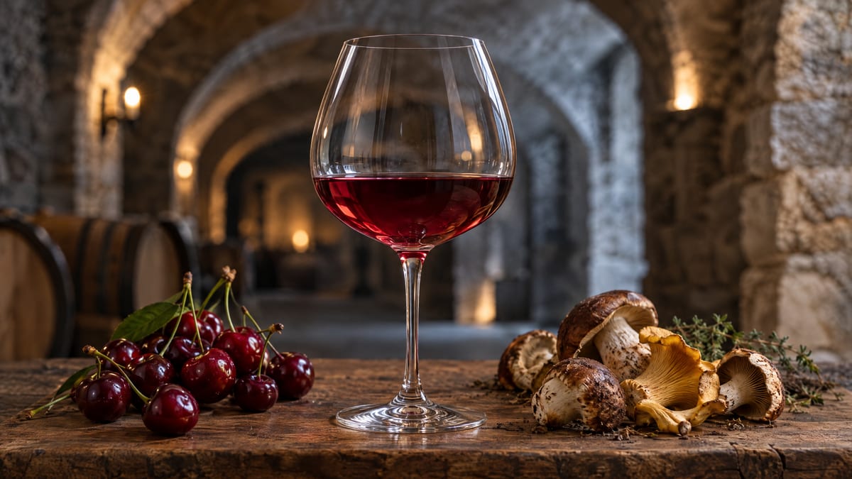 A glass of pale ruby Pinot Noir with cherries and wild mushrooms in a stone cellar