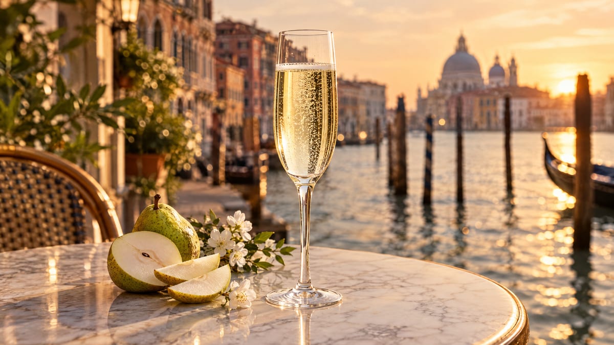 A flute of Prosecco with sliced pear and white flowers on a café table by the water in the Veneto