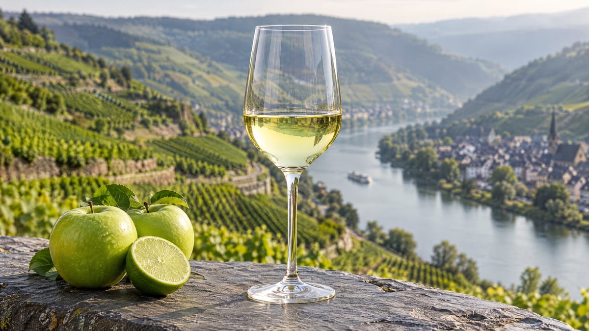 A glass of pale Riesling with green apples and lime above the terraced vineyards of the Mosel