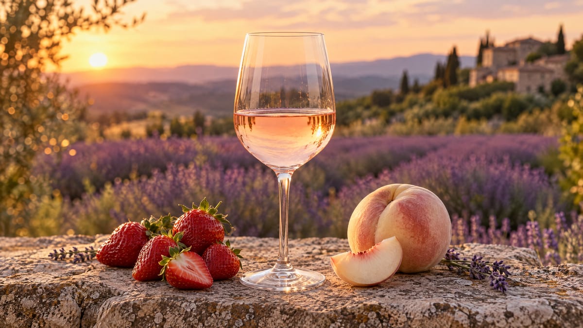 A glass of pale Provence rosé with strawberries and a white peach beside a lavender field at sunset