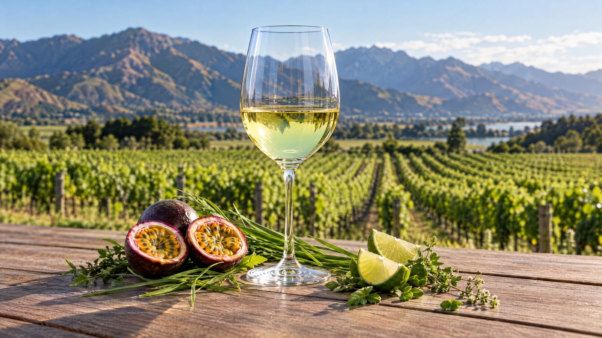 A glass of Sauvignon Blanc with passion fruit, lime and fresh herbs above vineyards and mountains