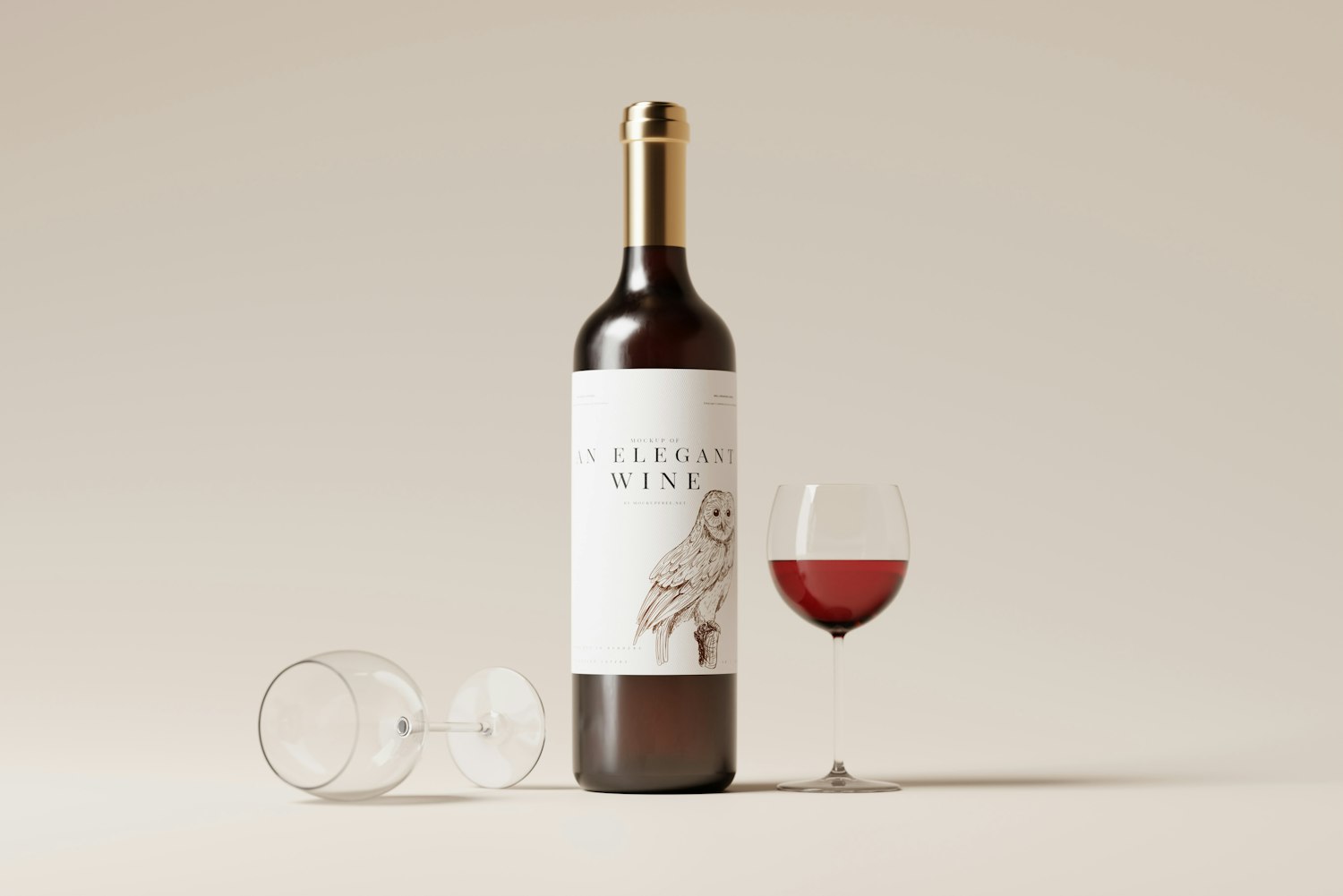 A bottle of wine and a glass on a pale background