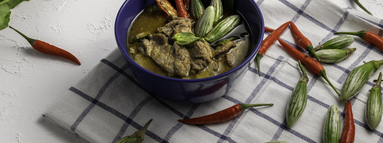 A bowl of Thai green curry with rice
