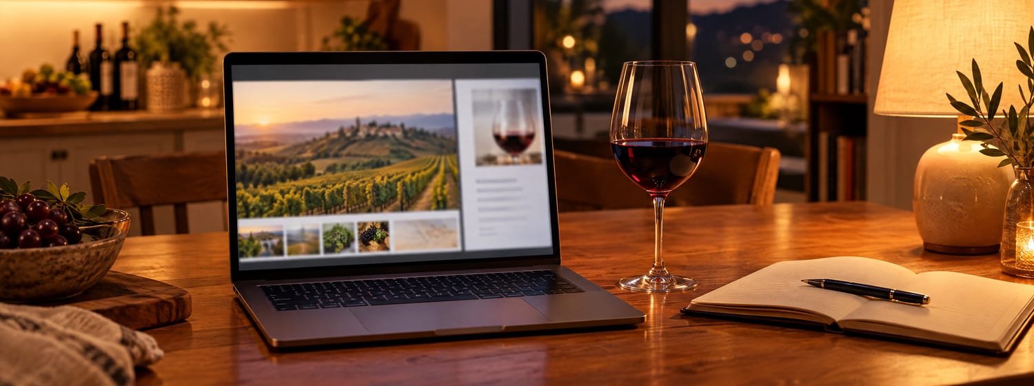 A laptop showing an online wine lesson beside a glass of red wine and a notebook