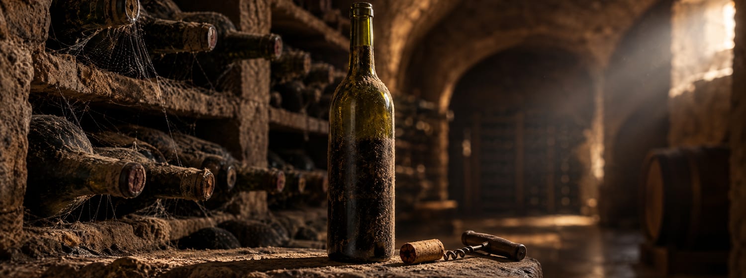 An opened old bottle with its pulled cork and corkscrew in a stone cellar of dusty bottles