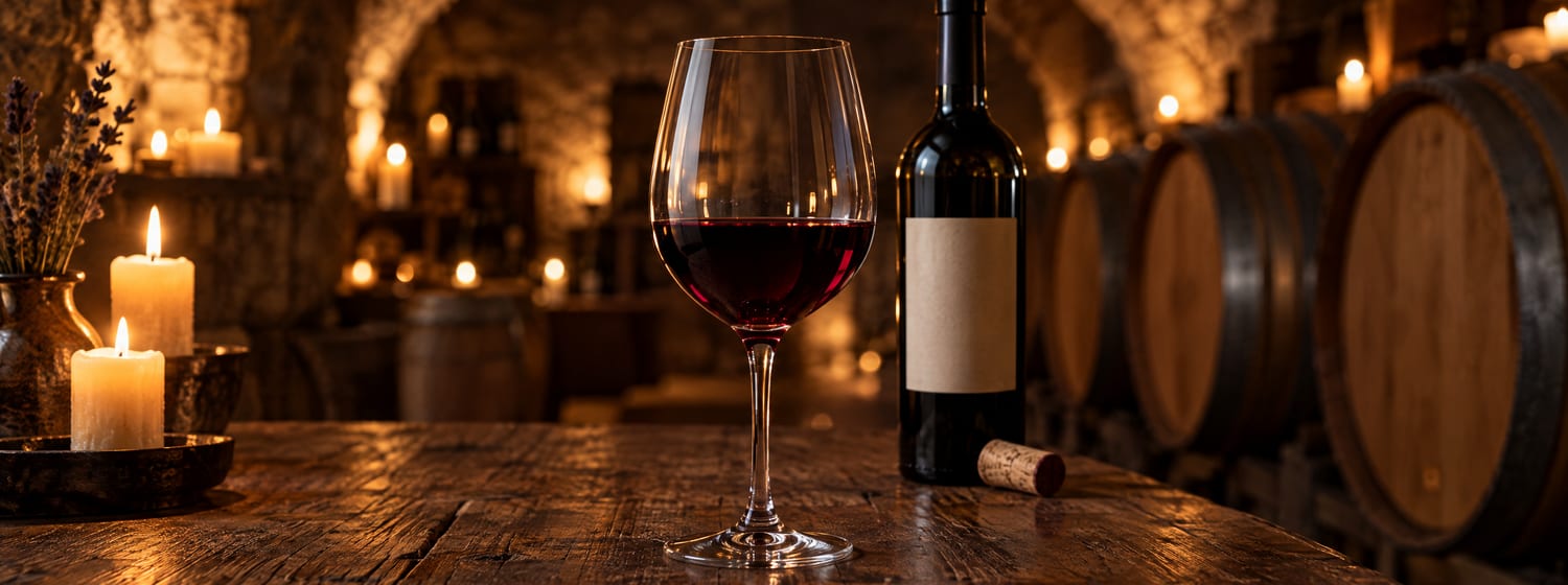 A glass of dry red wine on an oak table in a candlelit cellar with barrels