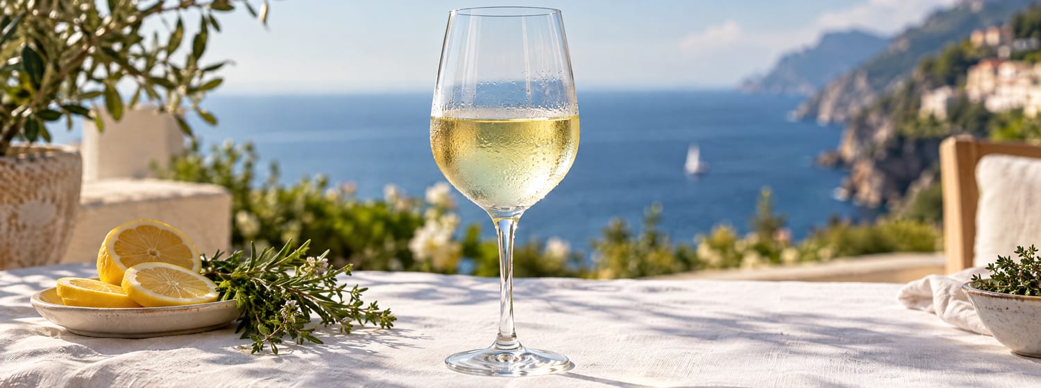 A glass of crisp dry white wine on a sunny terrace above the sea, with lemon and herbs