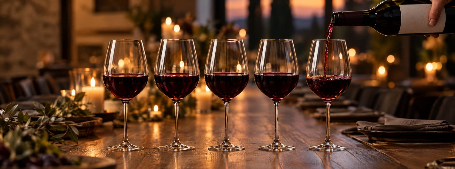 Red wine being poured into the last of five filled glasses on a long table