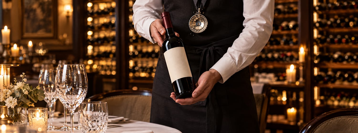 A sommelier in an apron presenting a bottle of red wine at a candlelit restaurant table