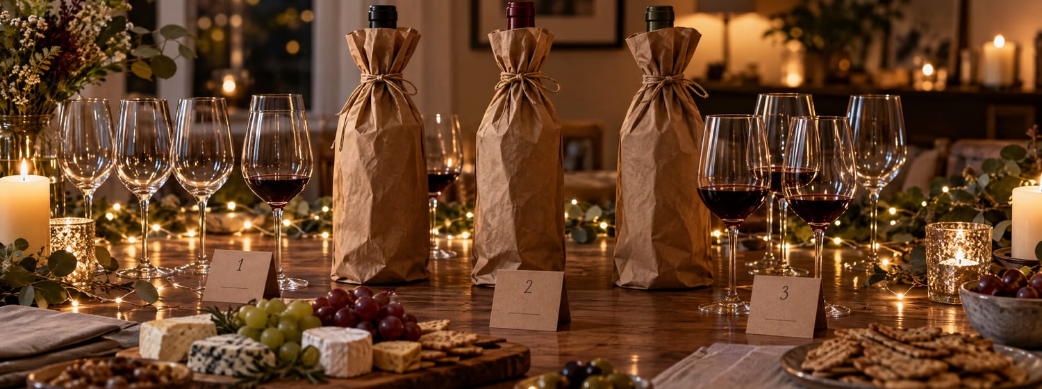 A candlelit table set for a blind tasting, with bottles in paper bags and a cheese board