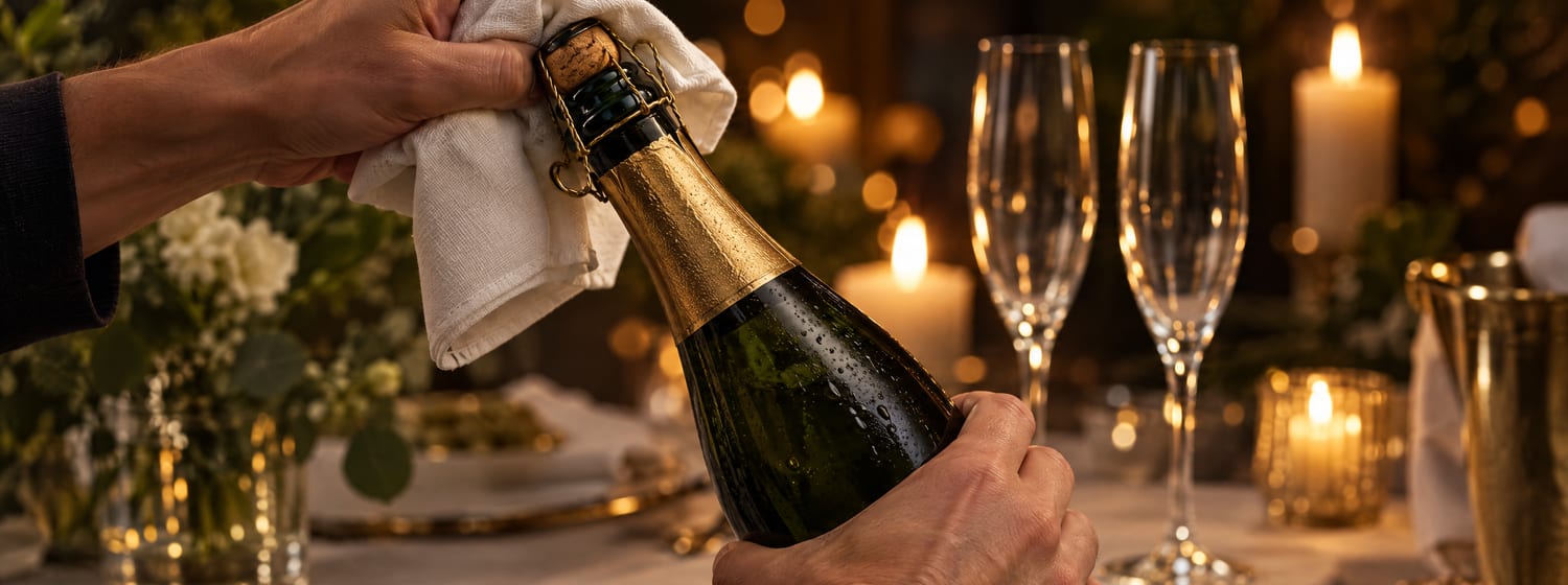 Hands easing the cork out of a sparkling wine bottle under a white napkin, flutes waiting