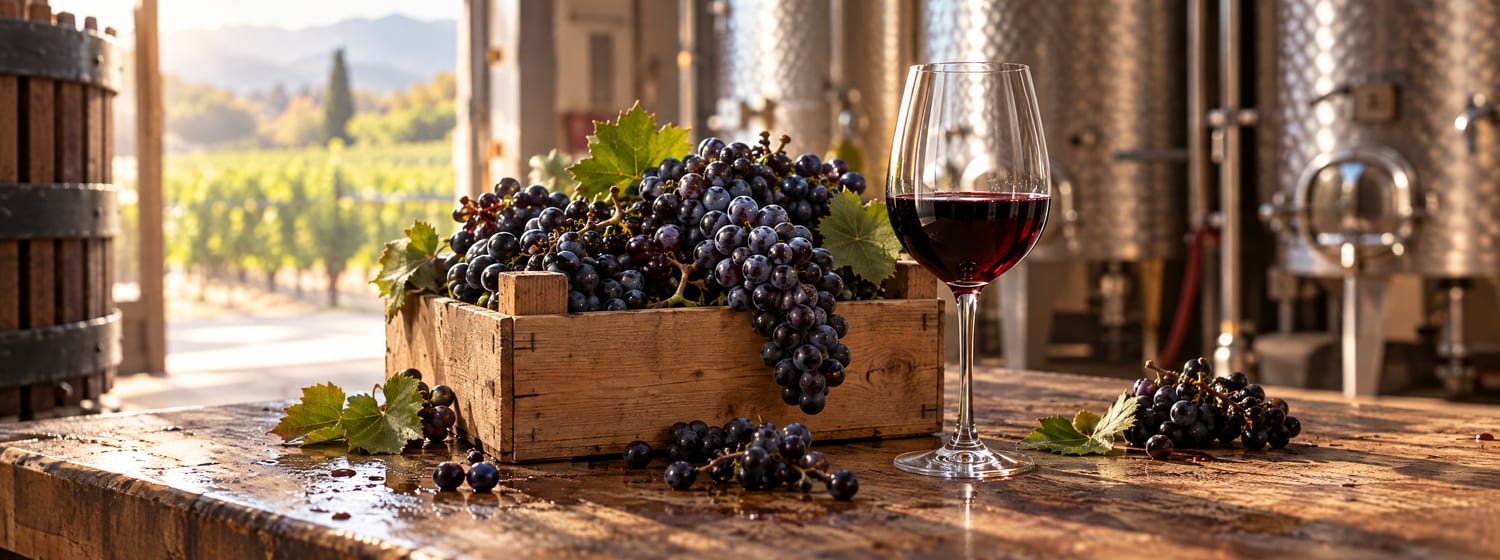 A crate of freshly picked dark grapes and a glass of red wine in a winery