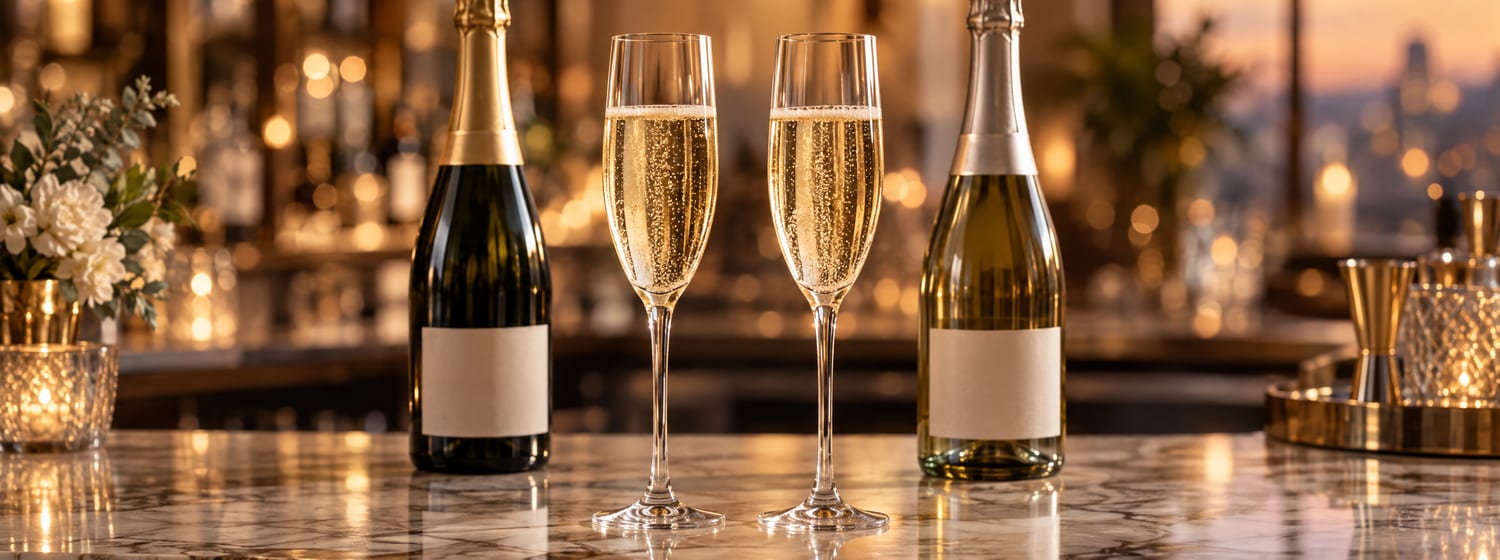 Two flutes of sparkling wine between two sparkling wine bottles on a marble bar