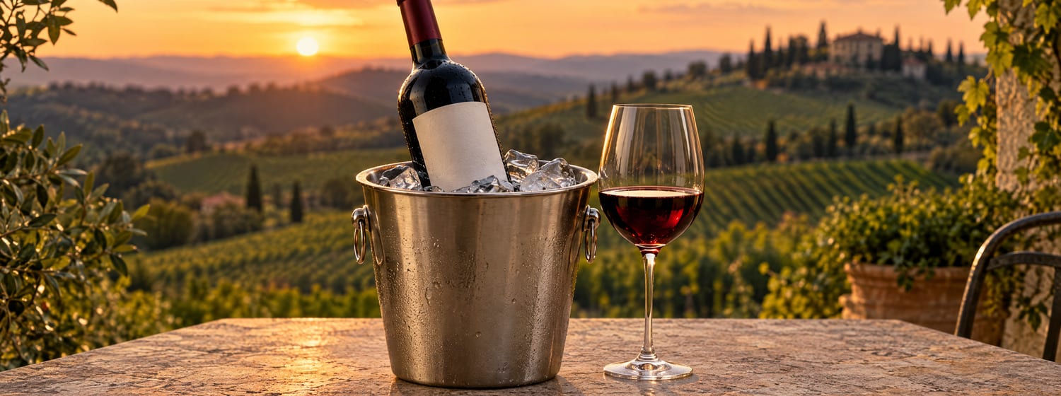 A bottle of red wine in an ice bucket beside a glass of red at sunset over vineyards