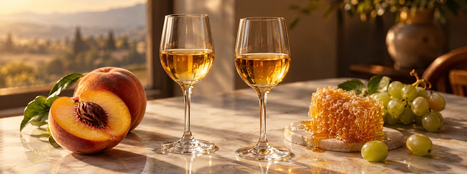 Two glasses of golden sweet wine beside a halved peach, honeycomb and green grapes