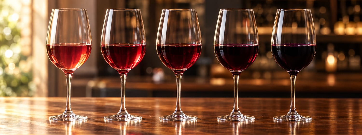 Five glasses of red wine in a row, from pale ruby to deep purple