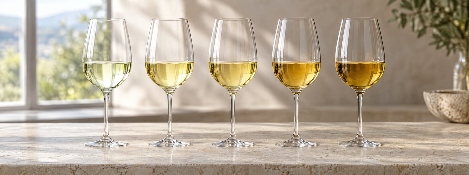 Five glasses of white wine in a row, from water-pale to deep gold