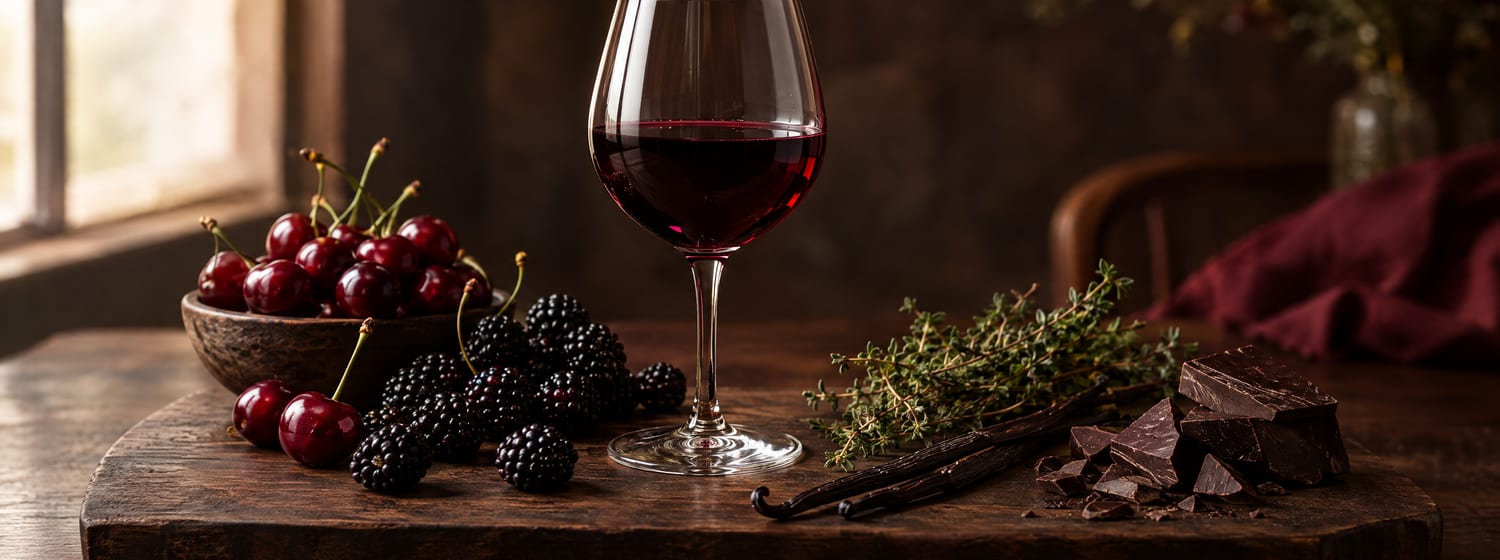 A glass of red wine with cherries, blackberries, thyme, vanilla and dark chocolate