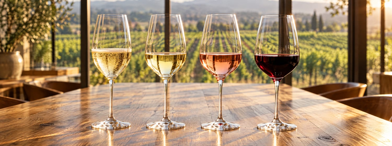 Four glasses of wine, sparkling, white, rosé and red, in a tasting room overlooking vineyards