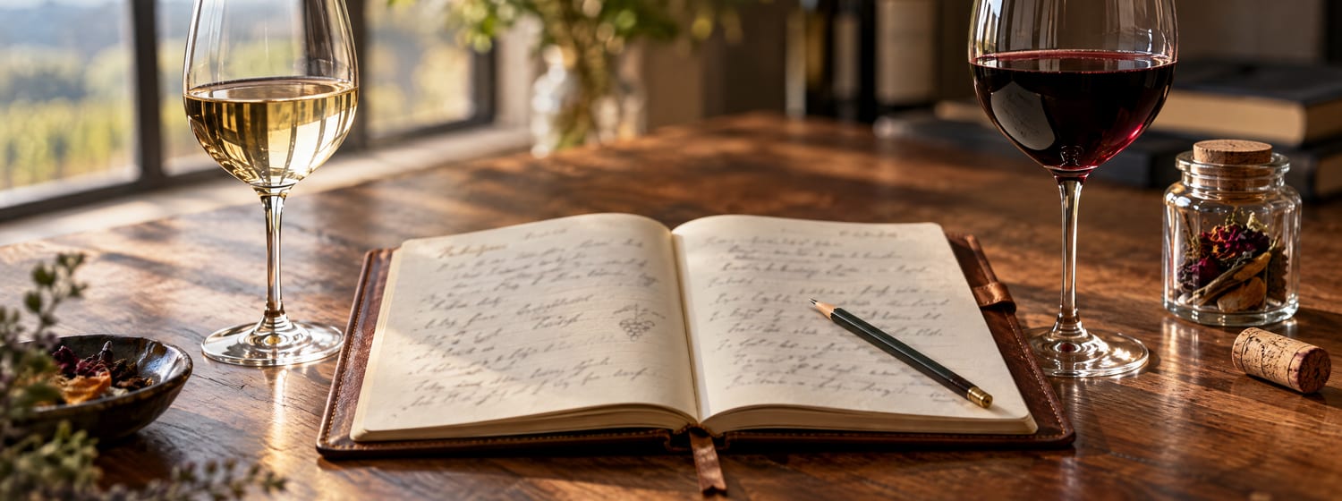 An open notebook of tasting notes between a glass of white and a glass of red wine