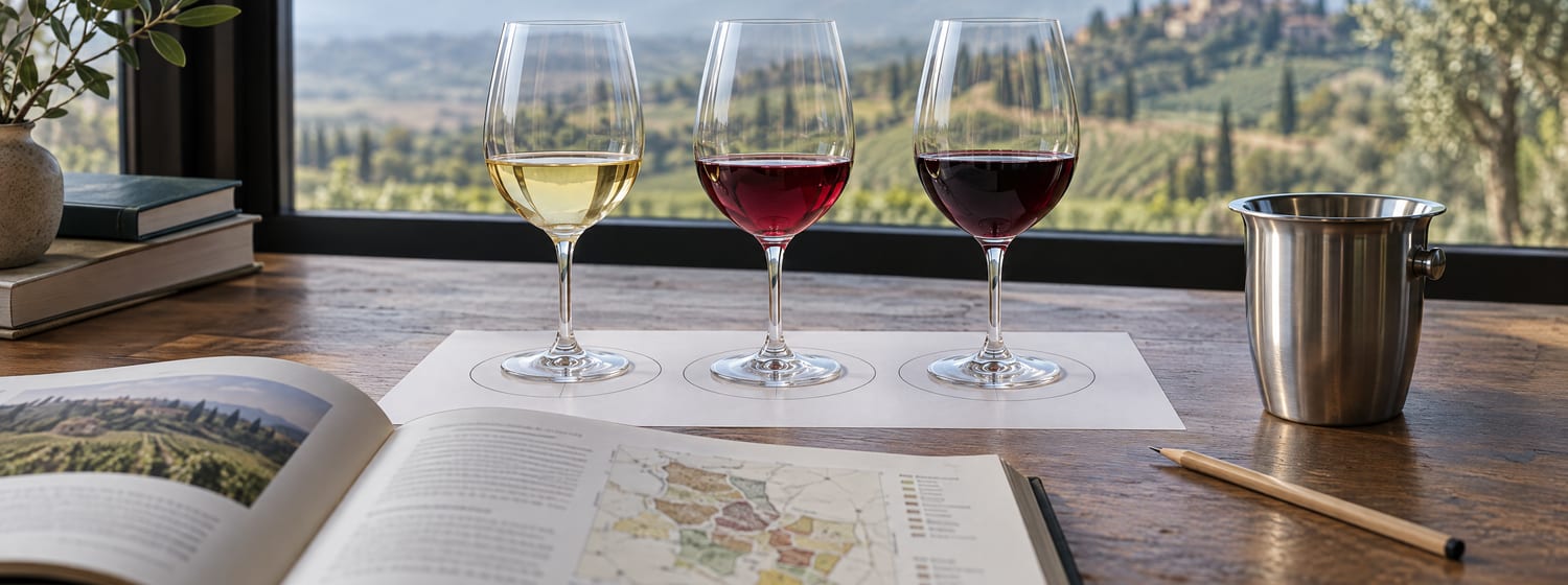 Three glasses of wine on a tasting mat beside a study book, a pencil and a spittoon