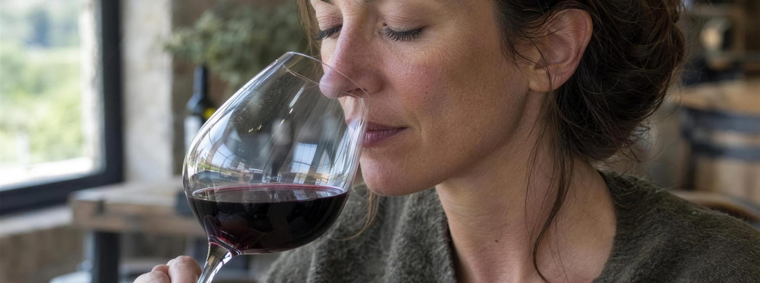 A woman with her eyes closed smelling a glass of red wine