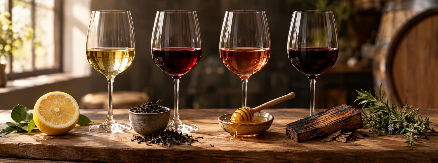 Four glasses of wine with a lemon, tea leaves, honey and an oak stave standing for acidity, tannin, sweetness and oak