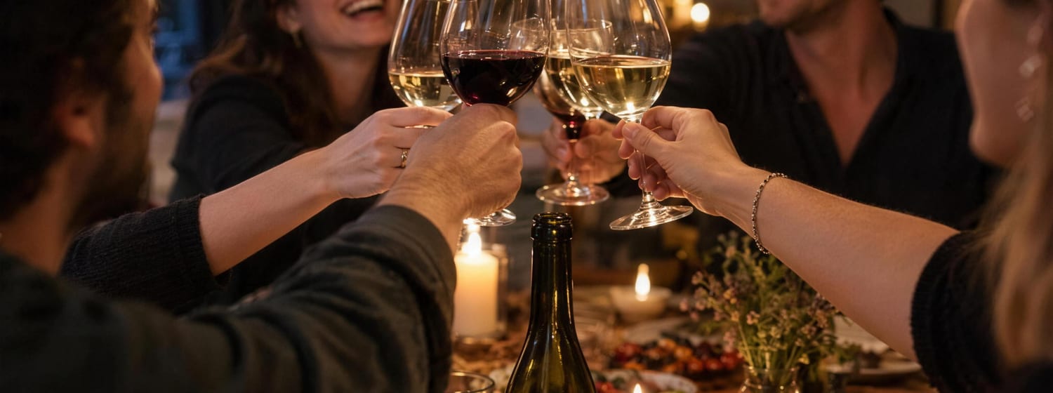 Friends raising glasses of red and white wine at a candlelit dinner