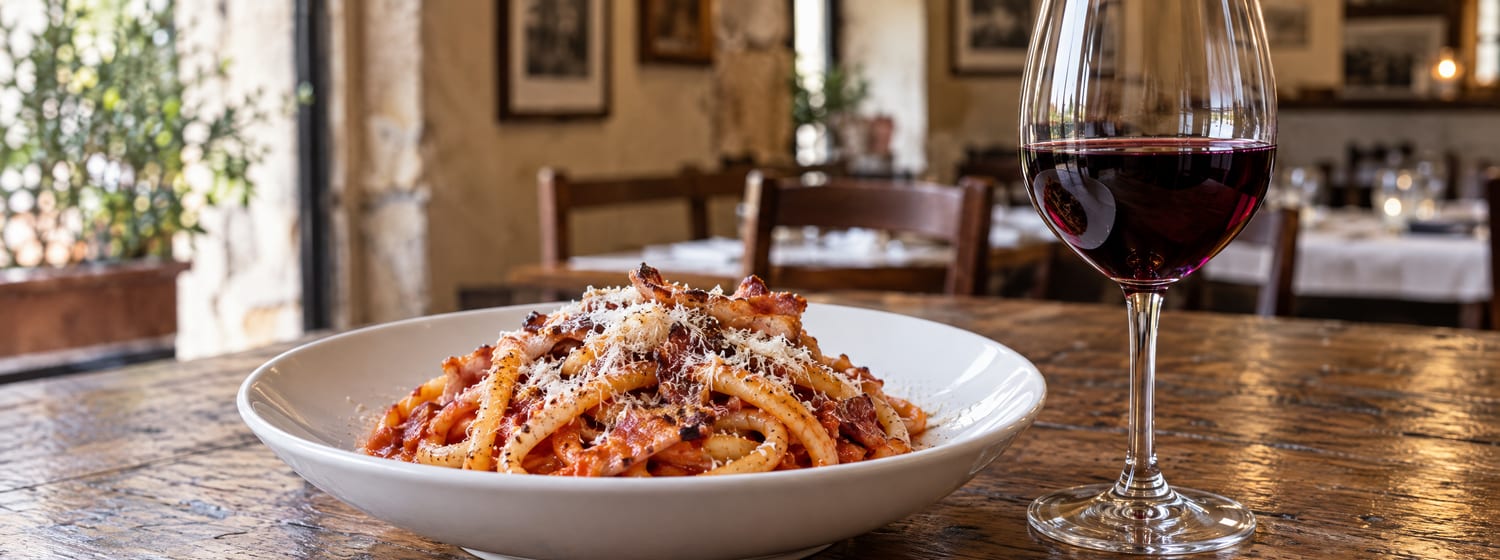 Bucatini all'amatriciana with a glass of deep red Montepulciano d'Abruzzo