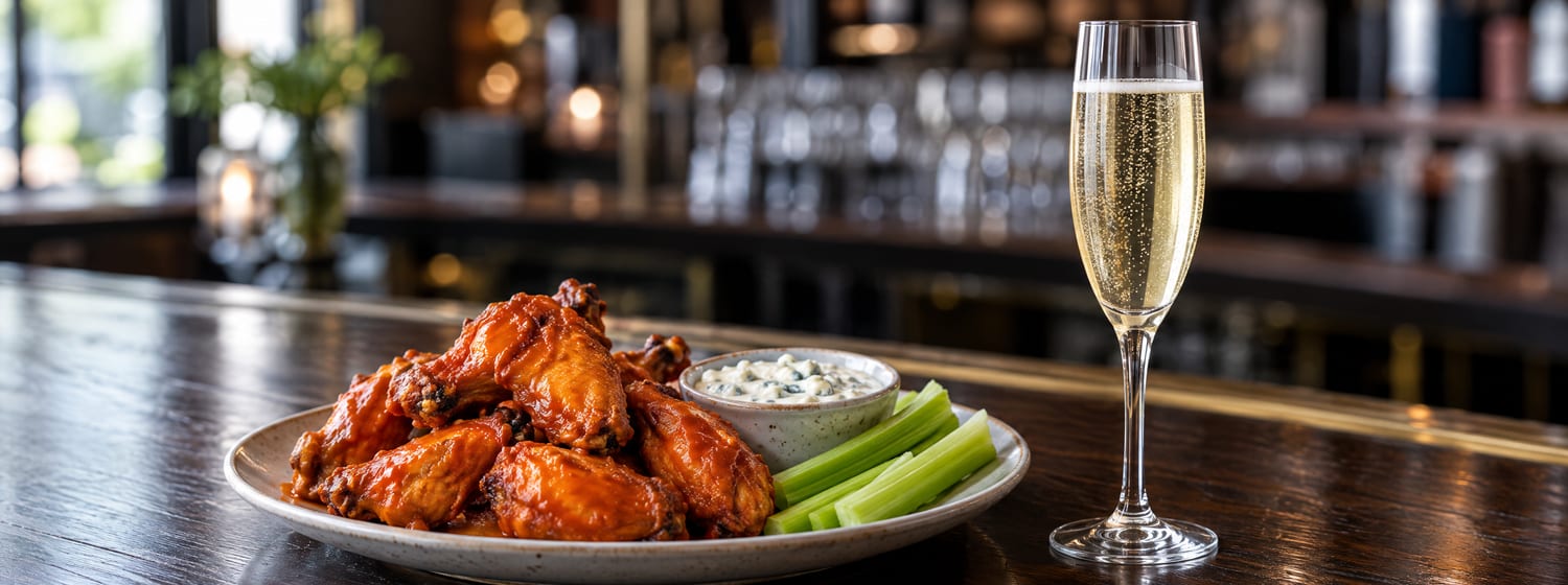 Buffalo chicken wings with blue cheese dip and a flute of sparkling Cava