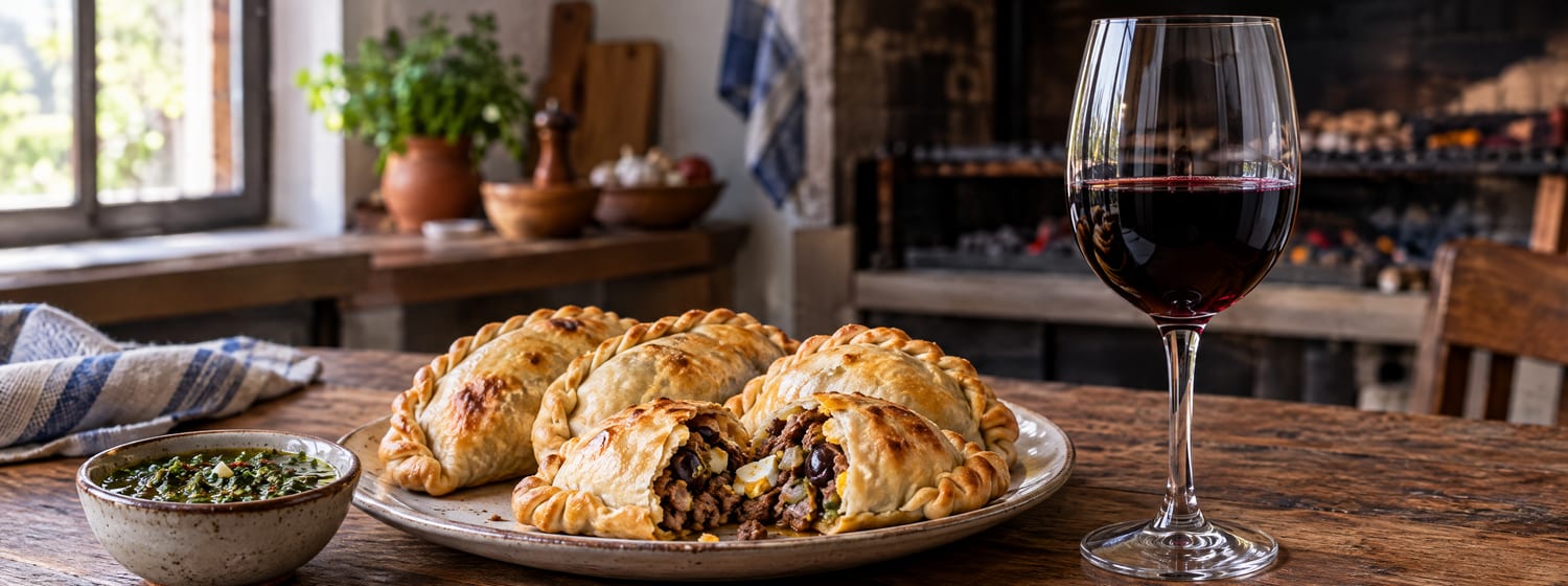 Baked beef empanadas with chimichurri and a glass of inky Malbec