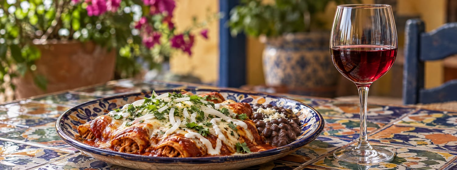 Red-sauce enchiladas with a glass of ruby Garnacha