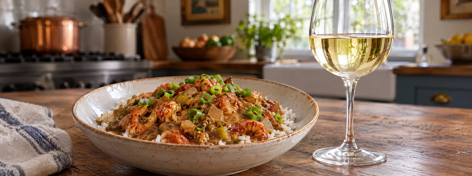 Crawfish étouffée over rice with a glass of pale unoaked Chardonnay